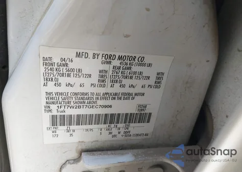 2016 Ford F-250 Xlt из США, поврежденный, VIN 1FT7W2BT7GEC70906